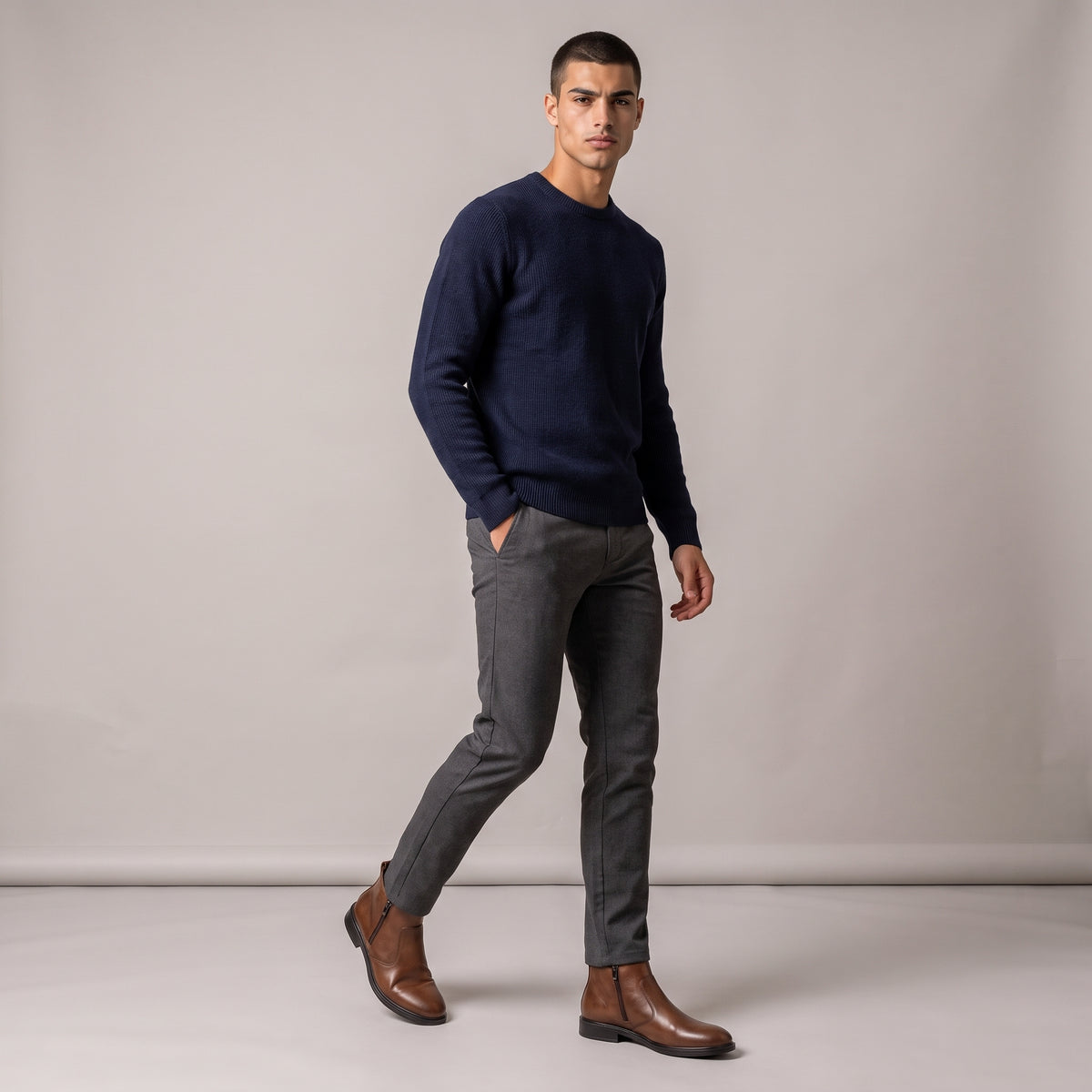 Dama Washington Kael men's leather Chelsea boots brown side zip - full outfit model view