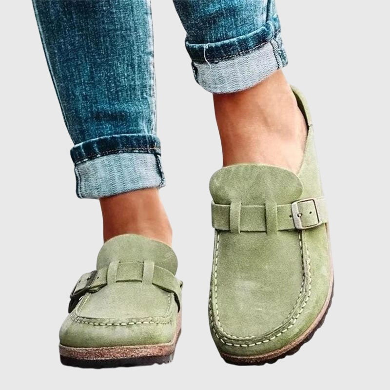 Maeve | Women's Suede Loafer Clog Mule Beige Buckle Detail