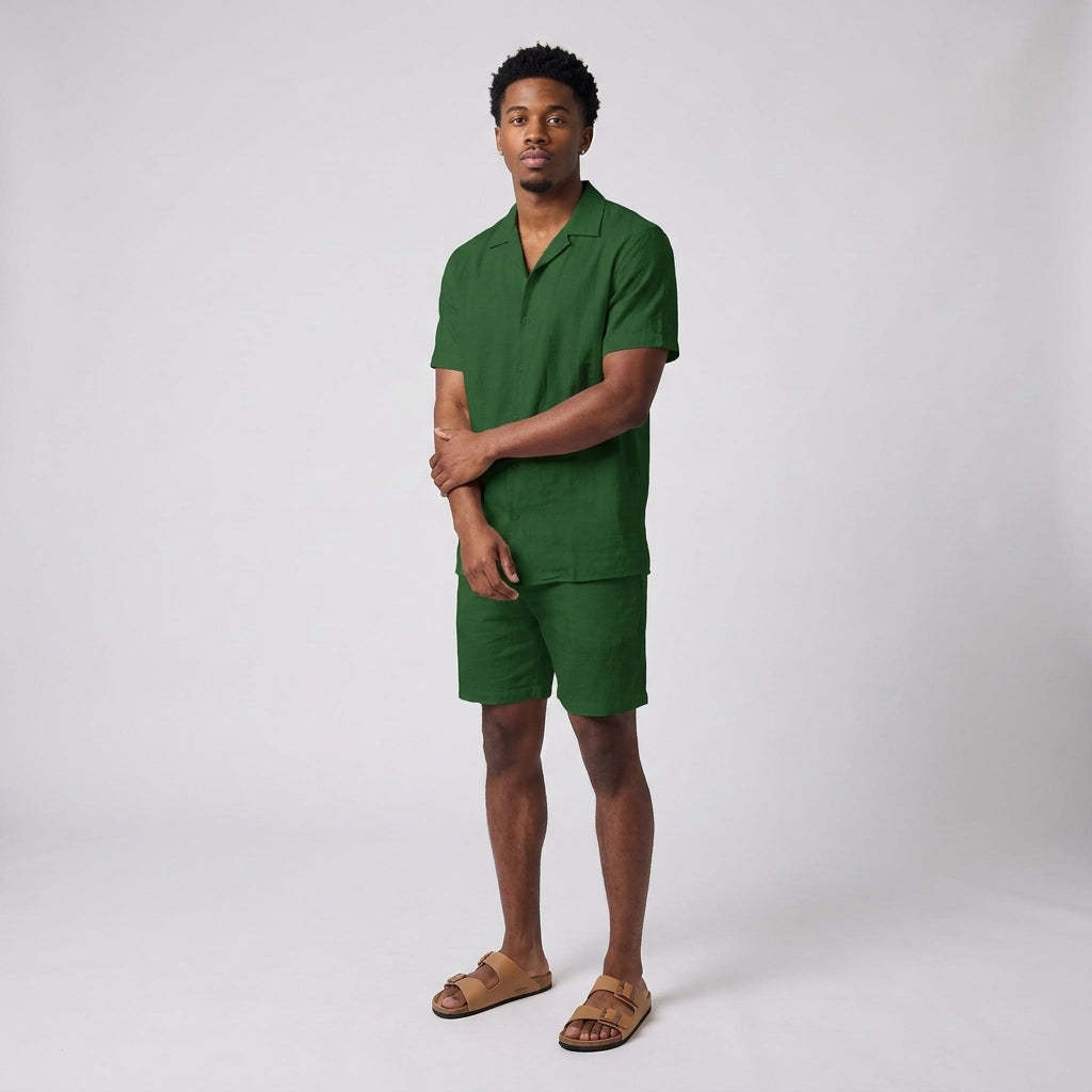 Dama Washington Kai linen shirt and shorts set Dark Green - full outfit model view