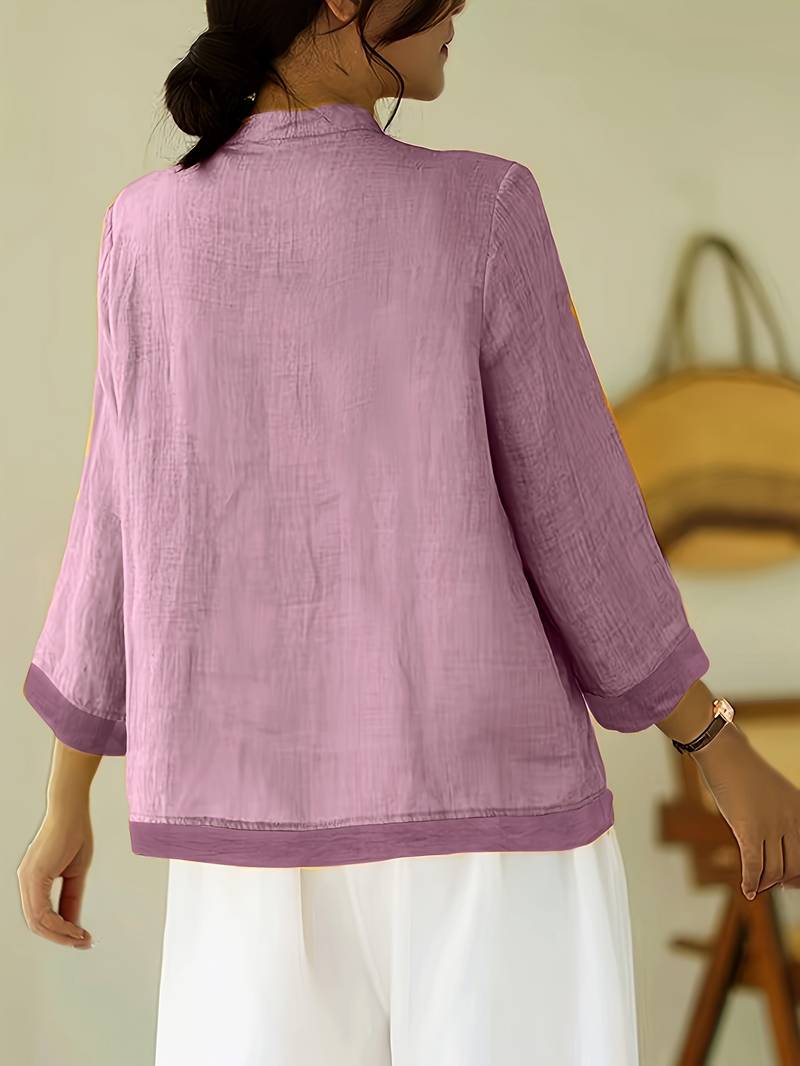 Camille | Women's Linen Shirt Green Mandarin Collar Button Up