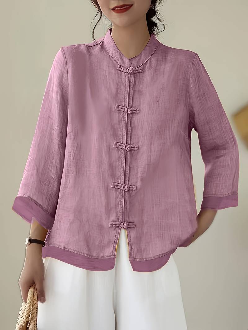 Camille | Women's Linen Shirt Green Mandarin Collar Button Up