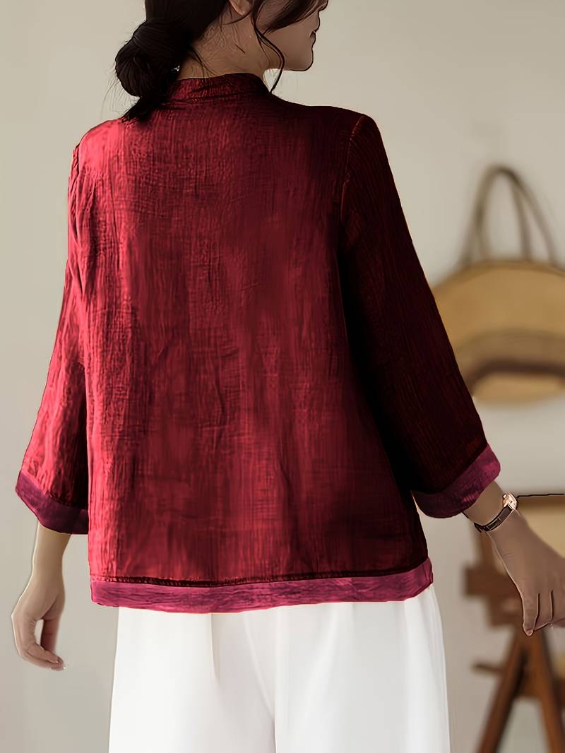 Camille | Women's Linen Shirt Green Mandarin Collar Button Up