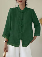 Dama Washington Camille women's linen shirt green mandarin collar button up - front view