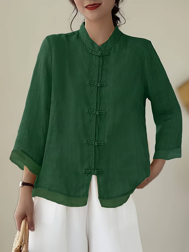 Camille | Women's Linen Shirt Green Mandarin Collar Button Up