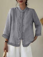 Dama Washington Camille women's linen shirt green mandarin collar button up - view 2