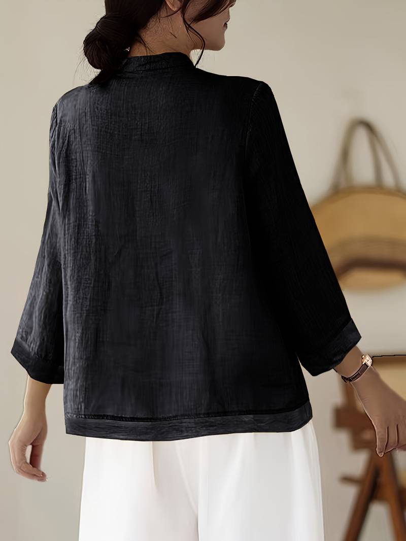 Camille | Women's Linen Shirt Green Mandarin Collar Button Up