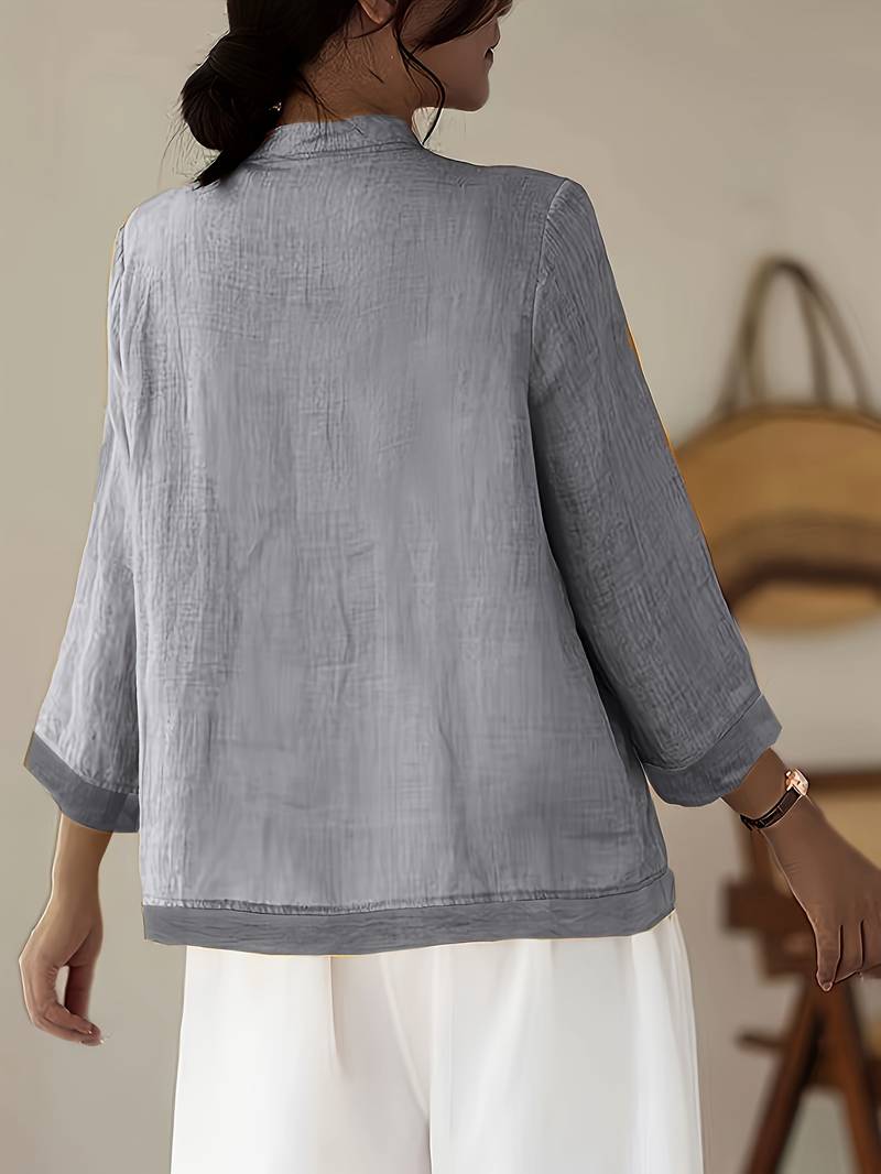 Camille | Women's Linen Shirt Green Mandarin Collar Button Up