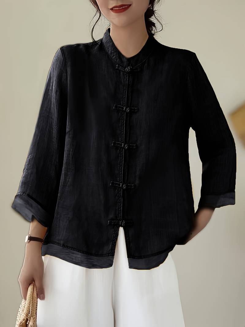Camille | Women's Linen Shirt Green Mandarin Collar Button Up