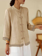 Dama Washington Camille women's linen shirt green mandarin collar button up - view 13