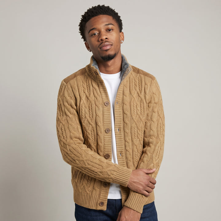 Dama Washington Ash men's cable knit cardigan tan button up sweater - model front view