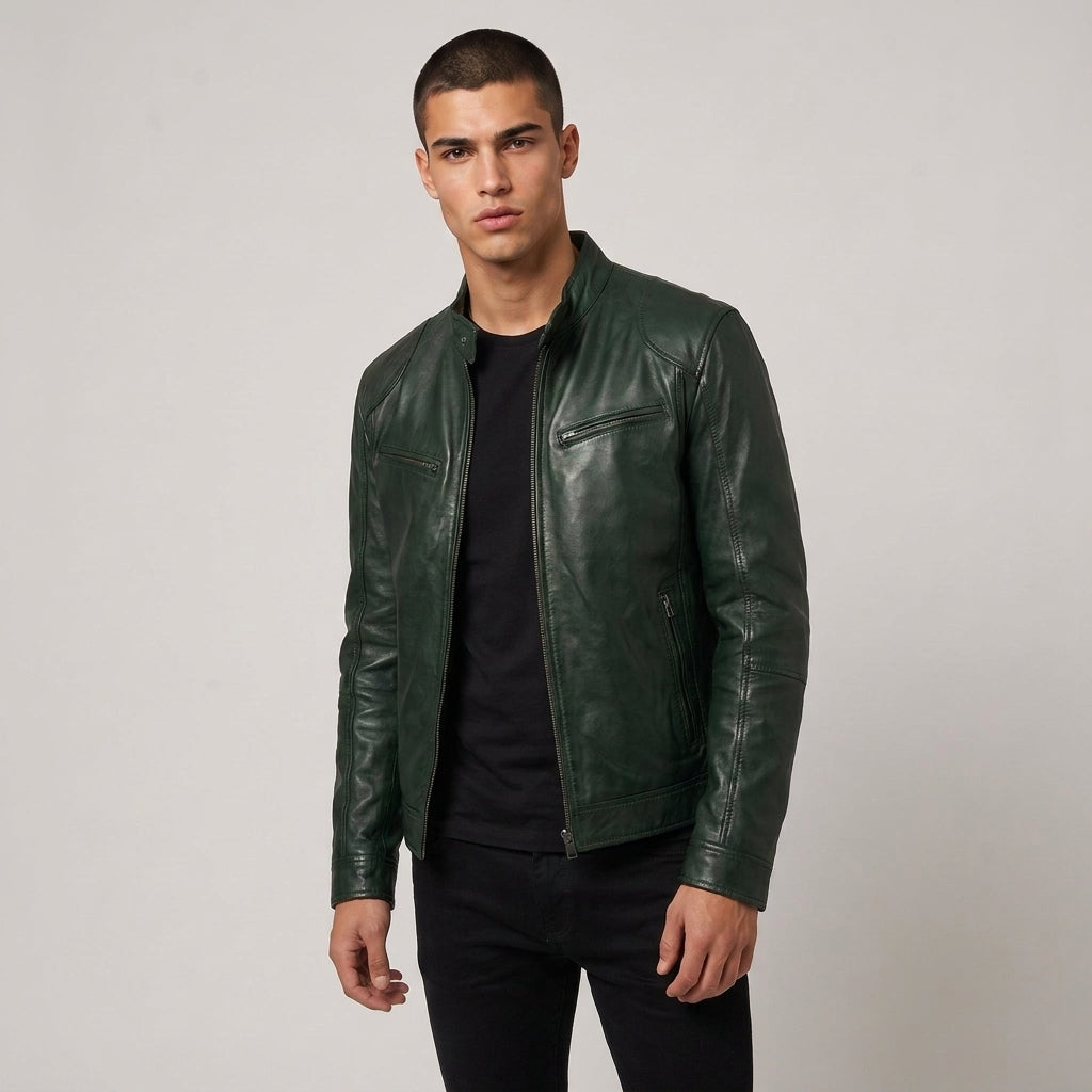 Dama Washington Beau zip up leather jacket Dark Green - model front view