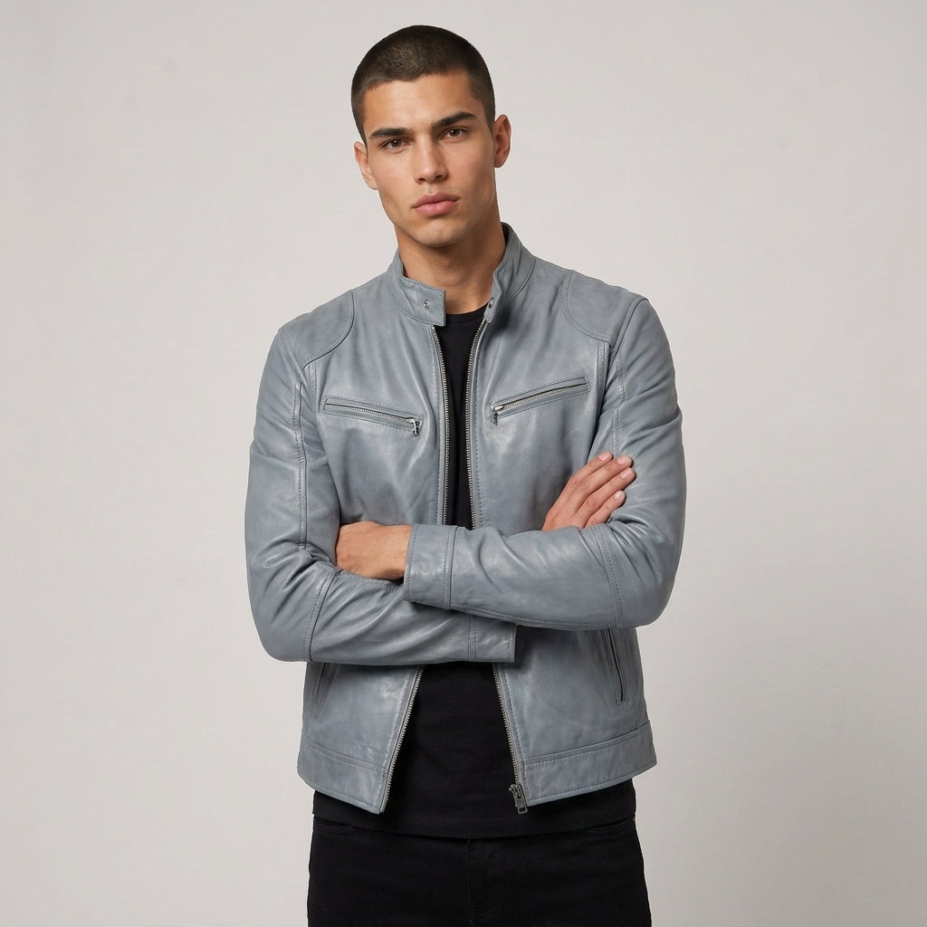 Dama Washington Beau zip up leather jacket Light Grey - model front view