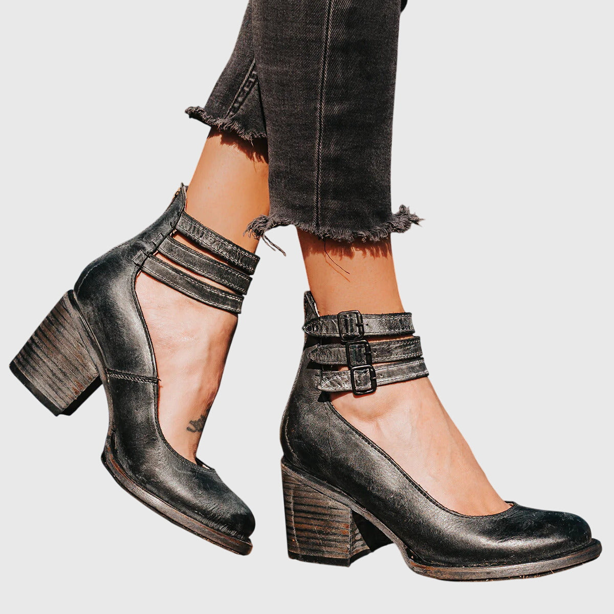 Rue | Women's Leather Block Heel Bootie Brown Buckle Strap