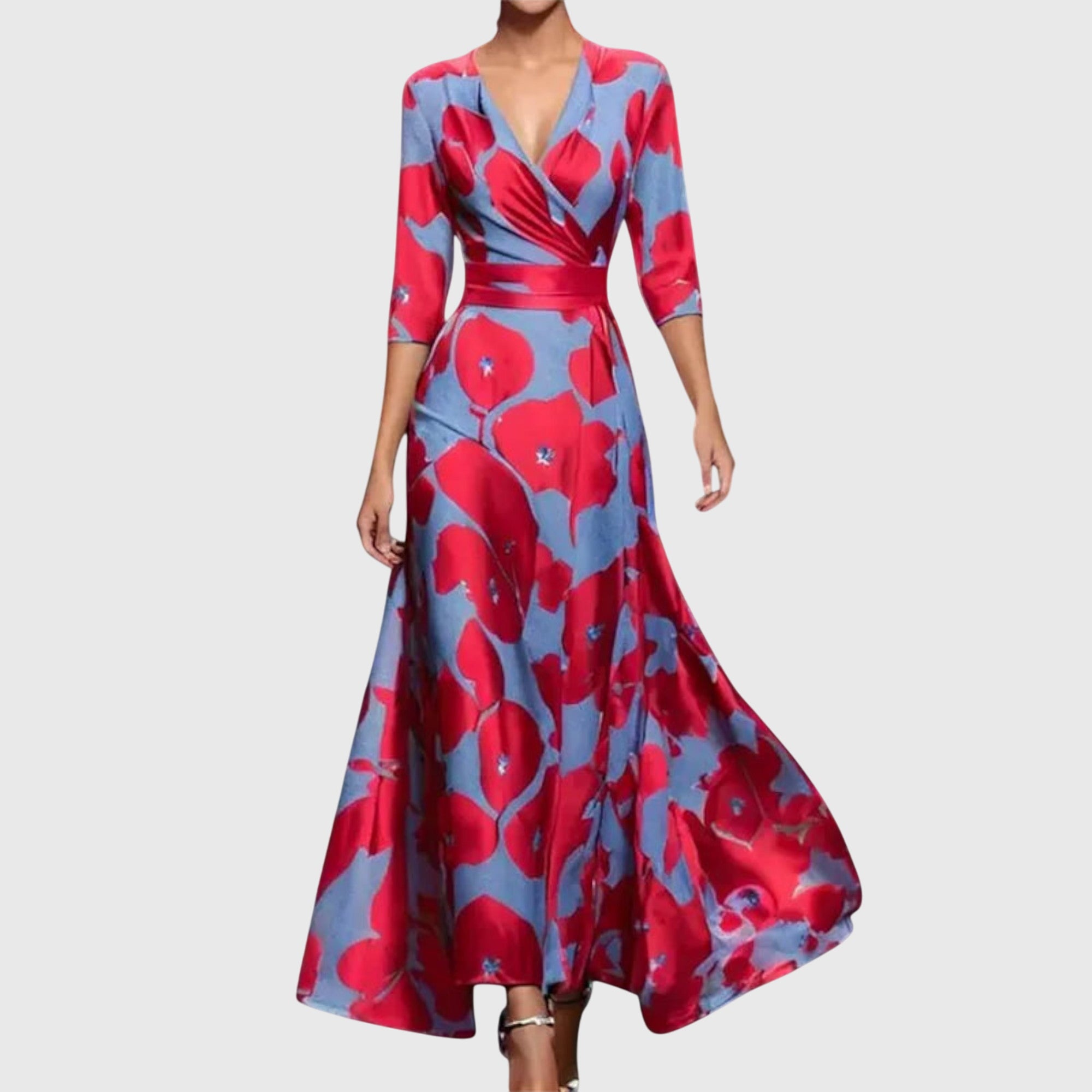 Mia | Women's Floral Maxi Dress Red Blue Three Quarter Sleeve