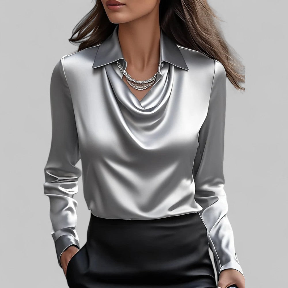 Maren | Women's Cowl Neck Satin Blouse Light Blue