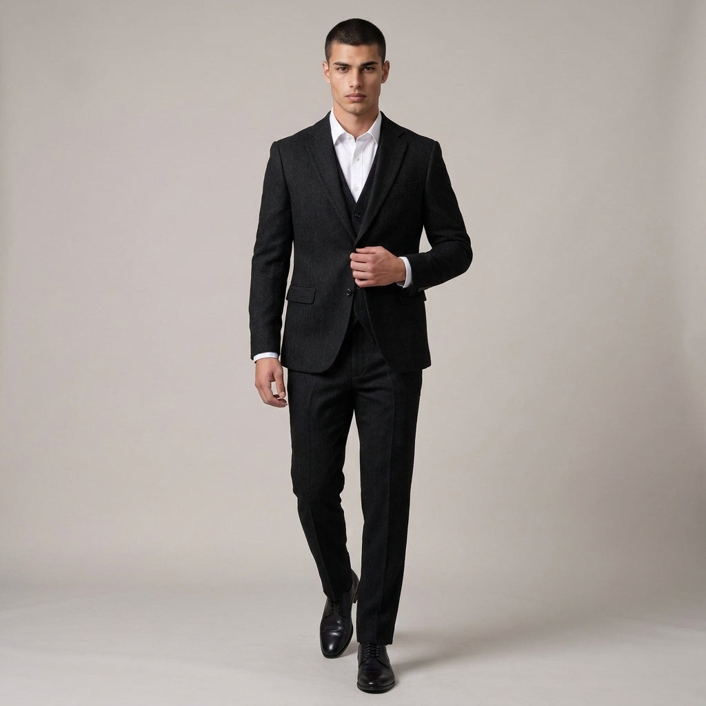 Dama Washington Jasper men's three piece tweed suit Black slim fit - model front view