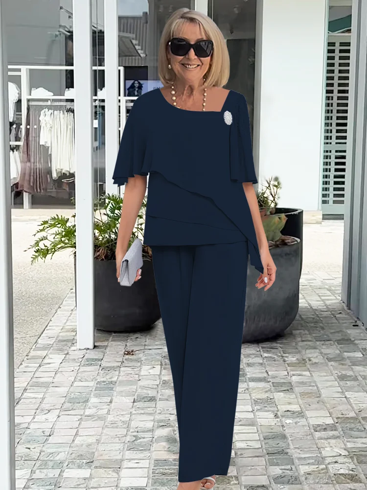 Ada | Women's Chiffon Layered Top Periwinkle Blue Short Sleeve
