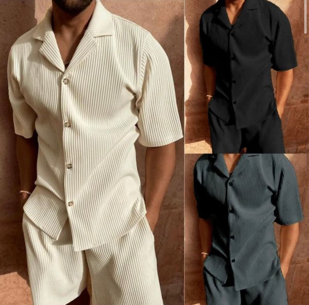 Cole | Men's Lounge Set Cream Ribbed Short Sleeve