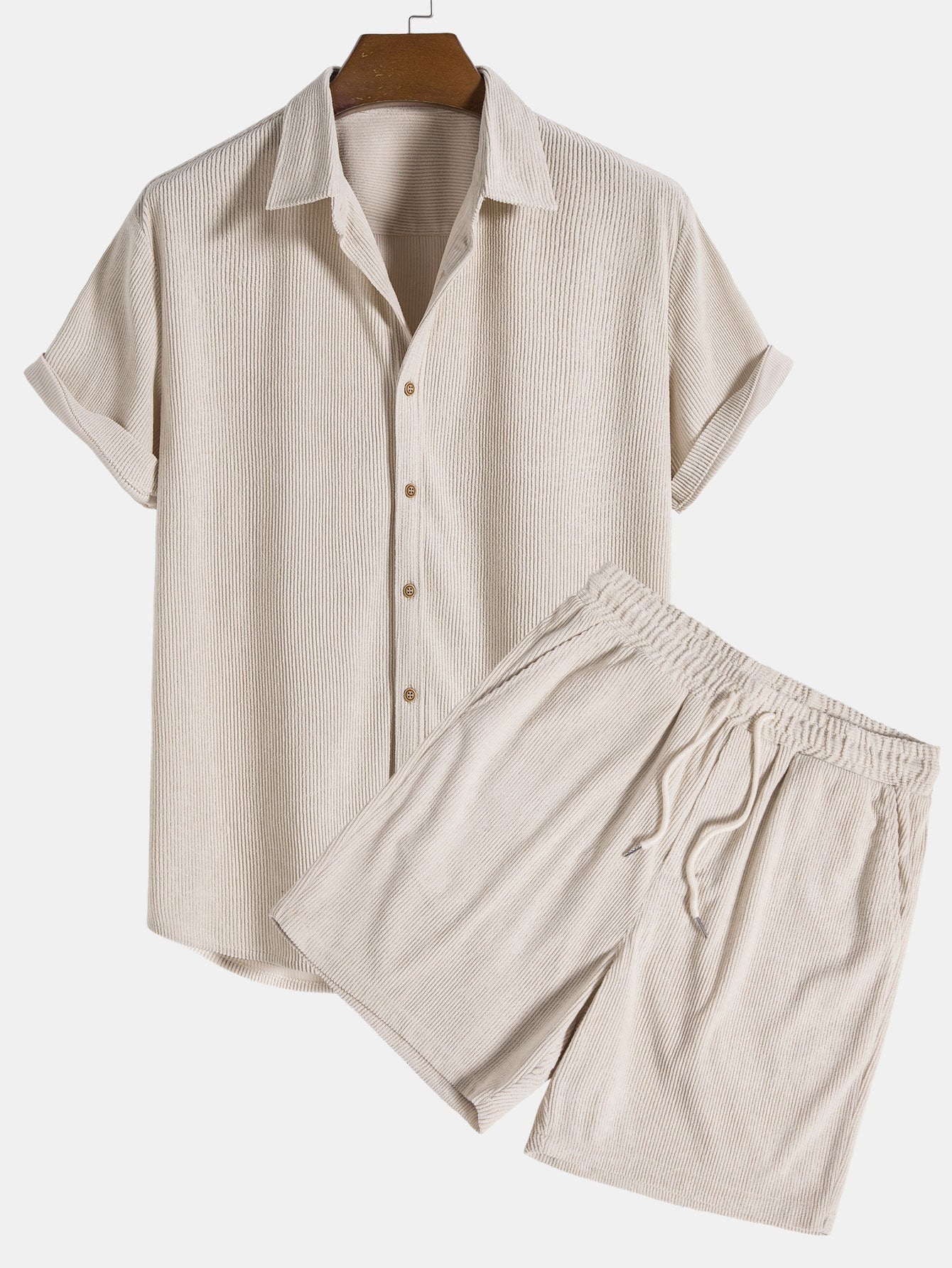 Cole | Men's Lounge Set Cream Ribbed Short Sleeve