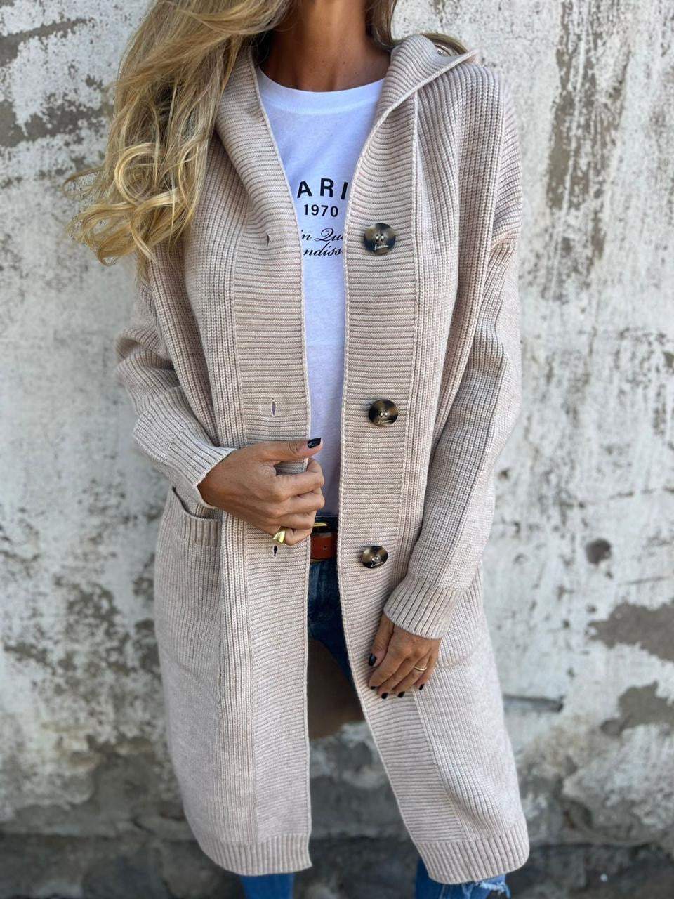 Lena | Women's Long Cardigan Cream Ribbed Knit Button Front