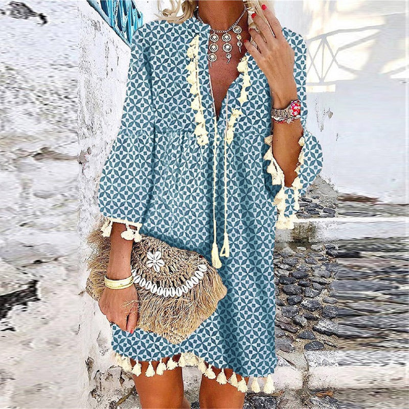 Nola | Women's Boho Printed Shift Dress Light Blue Cream Fringe