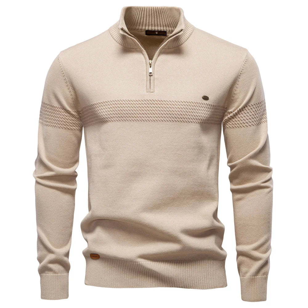 Axel | Men's Quarter Zip Sweater Cream Textured Chest Stripe