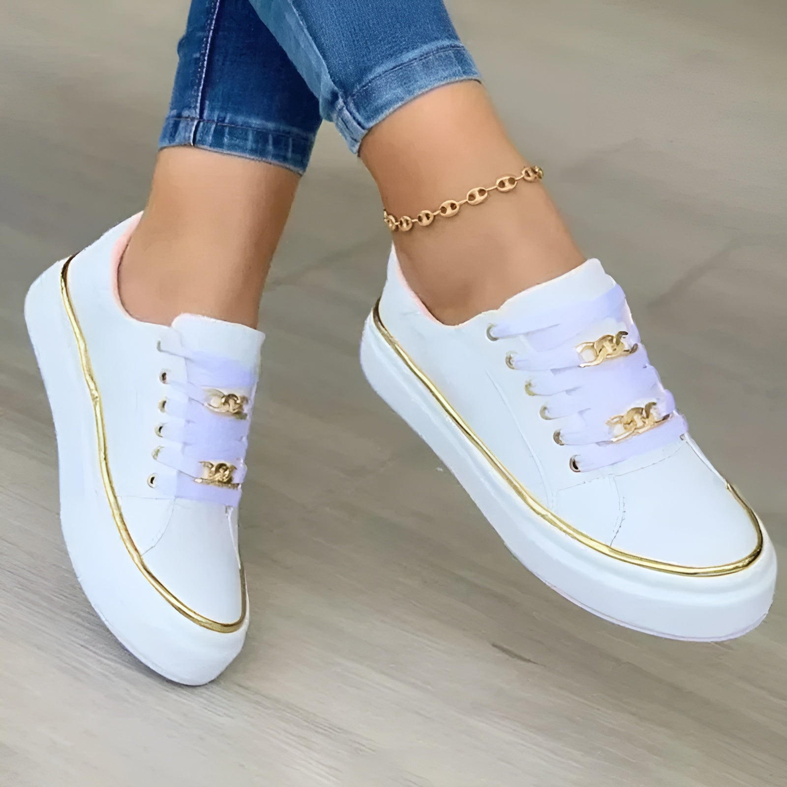 Isla | Women's Platform Sneakers White Gold Chain Detail