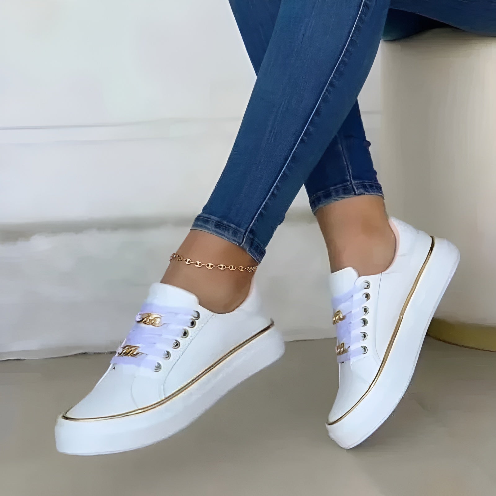 Isla | Women's Platform Sneakers White Gold Chain Detail