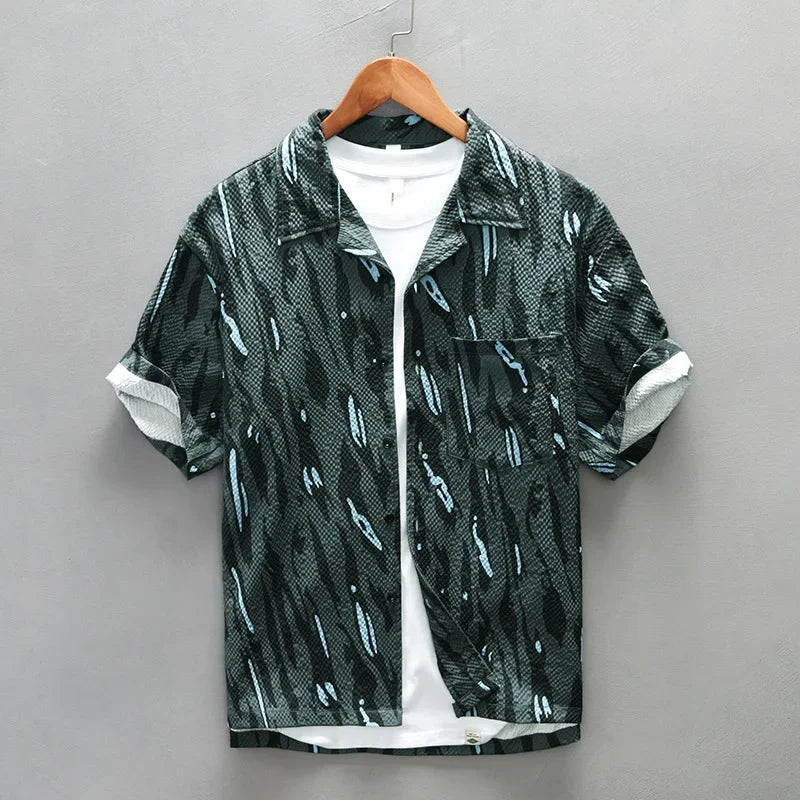 Reid | Men's Button Up Shirt Dark Green Feather Print