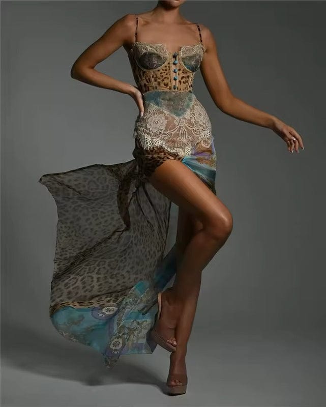 Opal | Women's Lace Corset Maxi Dress Cream Leopard Print