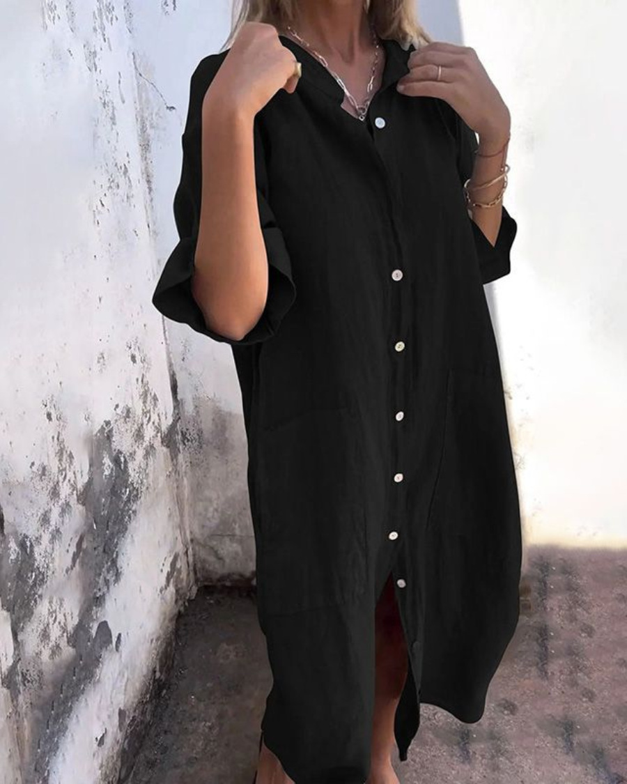 Edie | Women's Linen Shirt Dress Gray Button Up