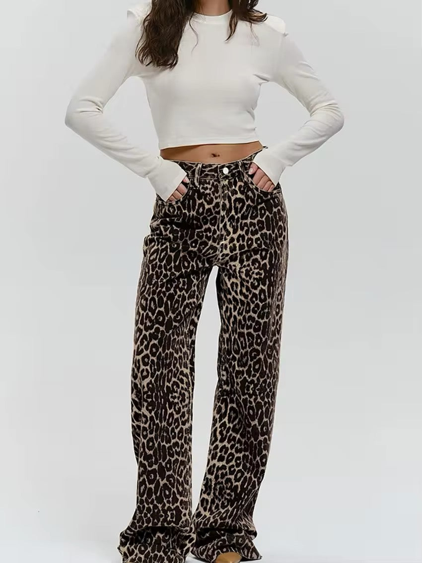 Zoe | Women's High Waisted Wide Leg Jeans Leopard Print