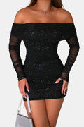 Dama Washington Demi women's sequin off shoulder mini dress black - front view
