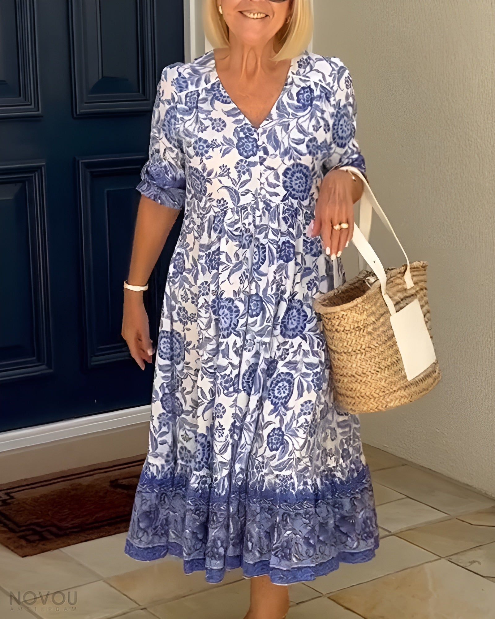 Luisa | Women's Floral Midi Dress Blue White V Neck