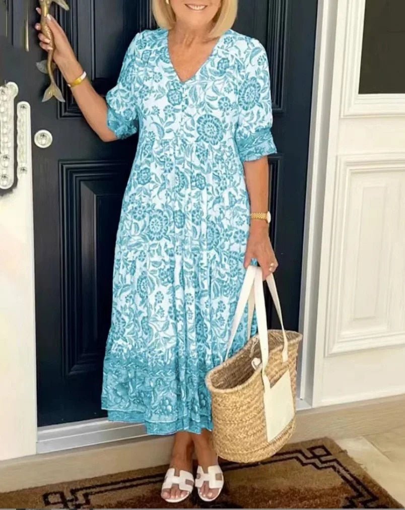 Luisa | Women's Floral Midi Dress Blue White V Neck