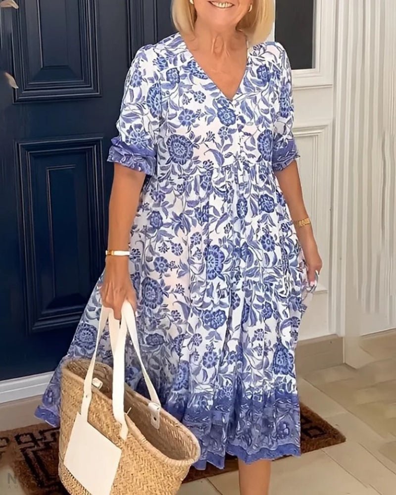 Luisa | Women's Floral Midi Dress Blue White V Neck