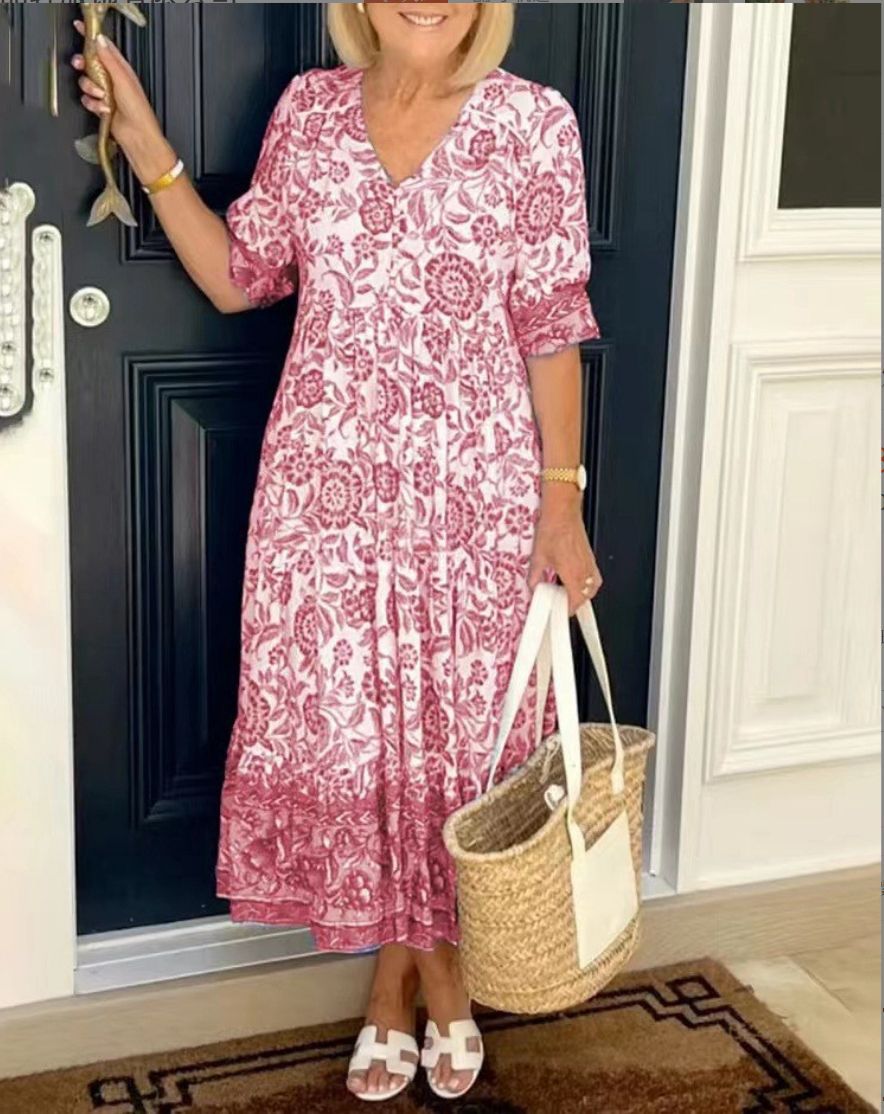 Luisa | Women's Floral Midi Dress Blue White V Neck