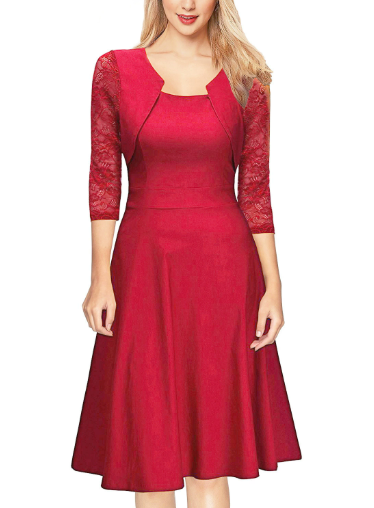 Romy | Women's A Line Midi Dress Red Lace Bolero