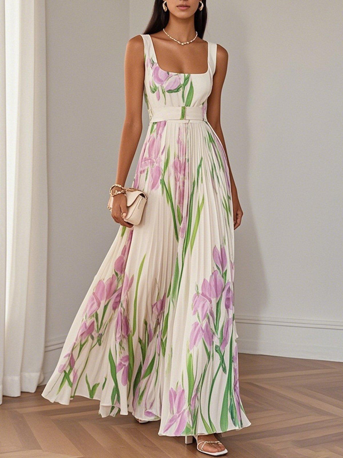 Viola | Women's Floral Maxi Dress Cream Pleated Sleeveless
