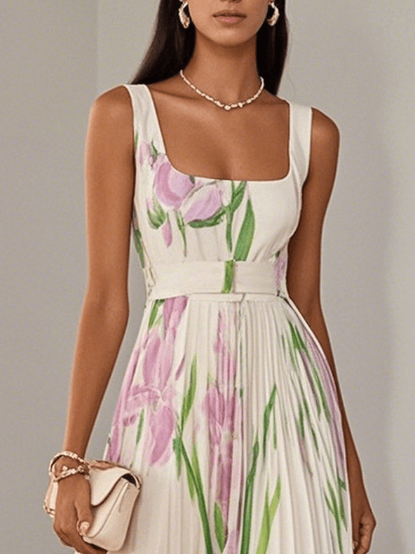 Viola | Women's Floral Maxi Dress Cream Pleated Sleeveless