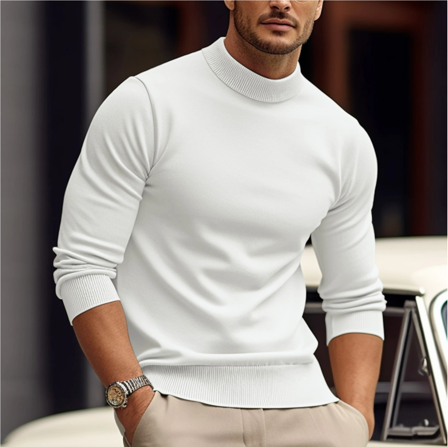 Ethan | Men's Turtleneck Sweater Cream Long Sleeve