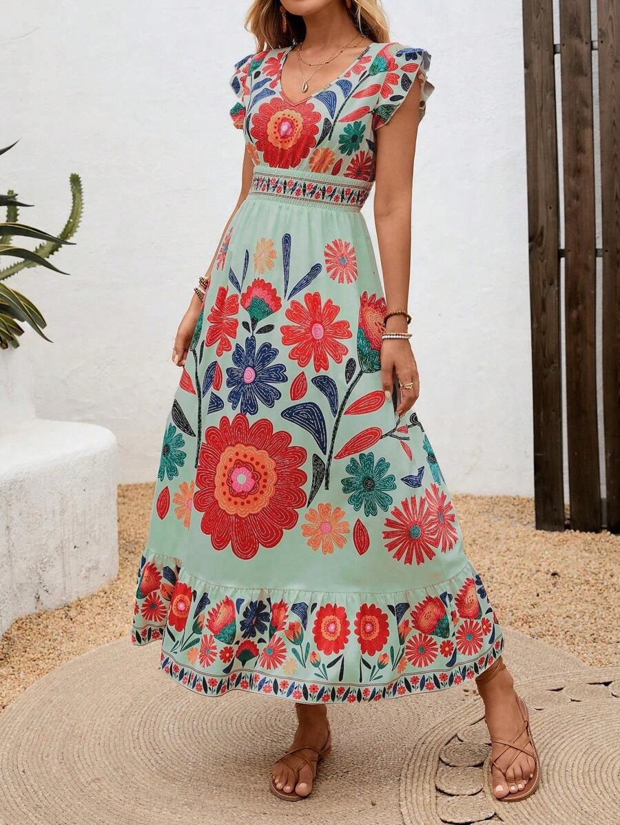 Rue | Women's Floral Maxi Dress Mint Puff Sleeve