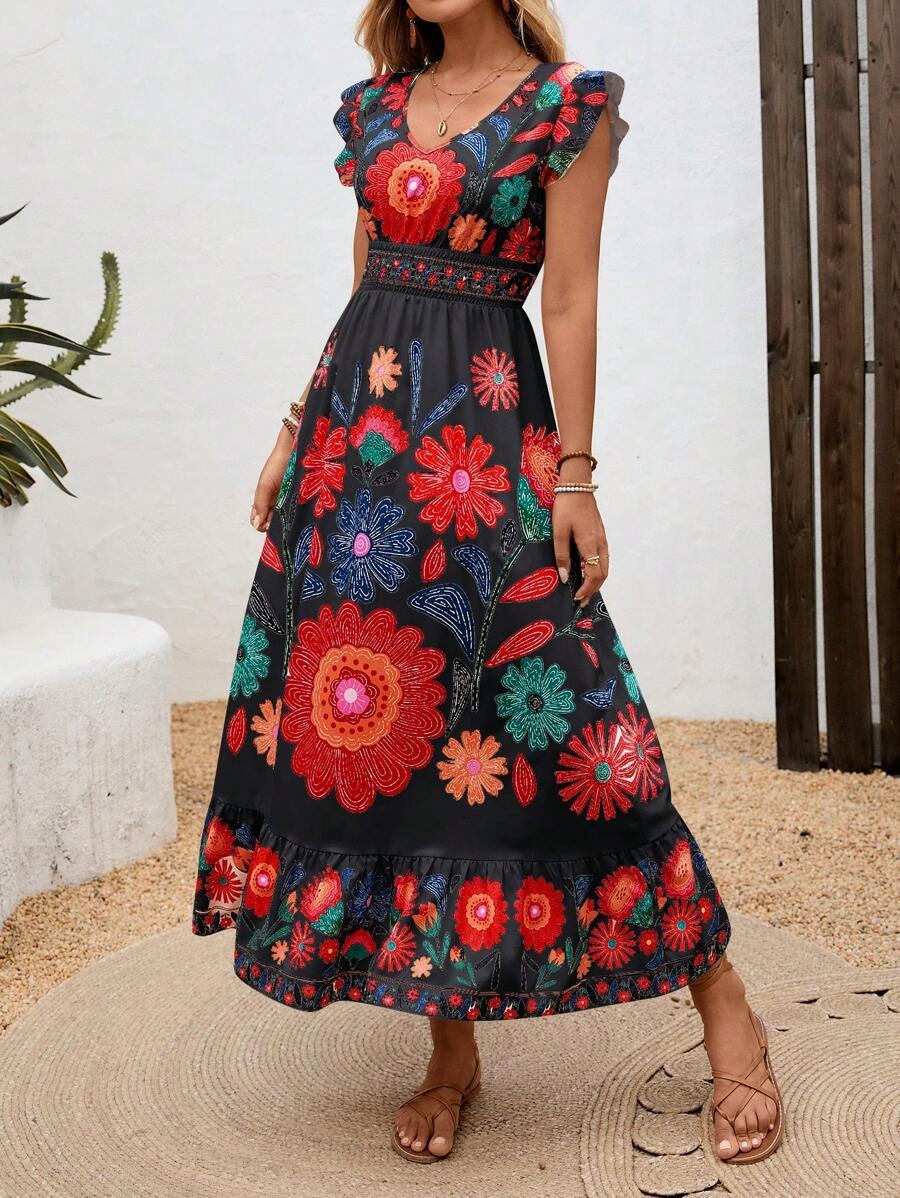Rue | Women's Floral Maxi Dress Mint Puff Sleeve