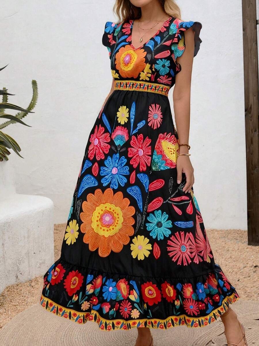 Rue | Women's Floral Maxi Dress Mint Puff Sleeve