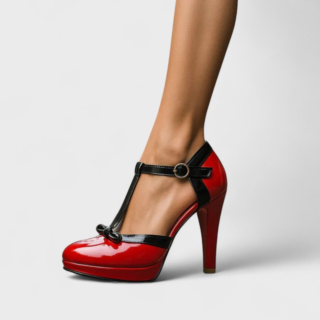 Ines | Women's T Strap Platform Heels Cream Black Bow