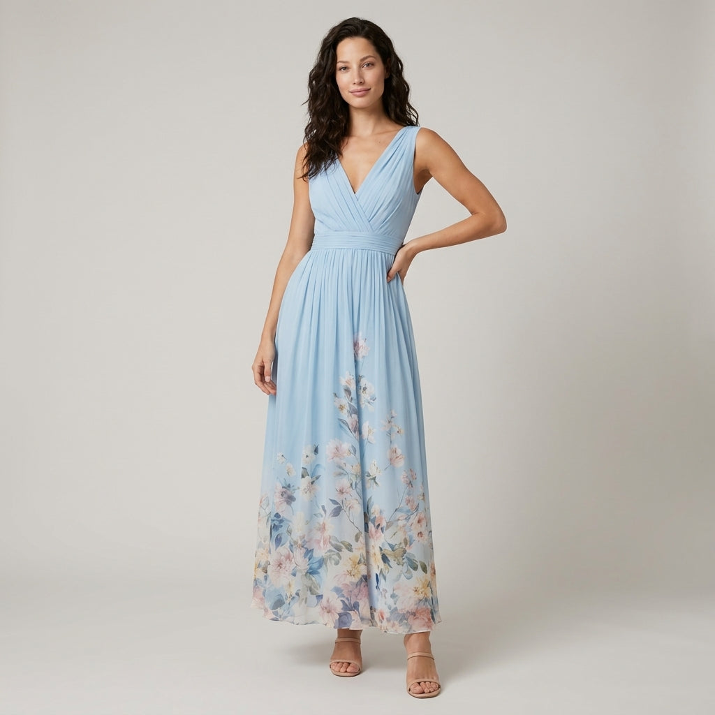 Dama Washington Thea floral chiffon V-neck maxi dress Light Blue - full outfit model view