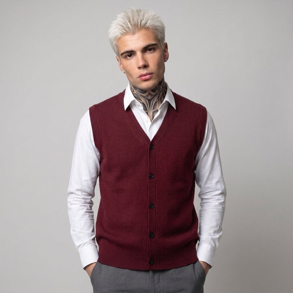 Dama Washington Beau button up V neck sweater vest Burgundy - model front view
