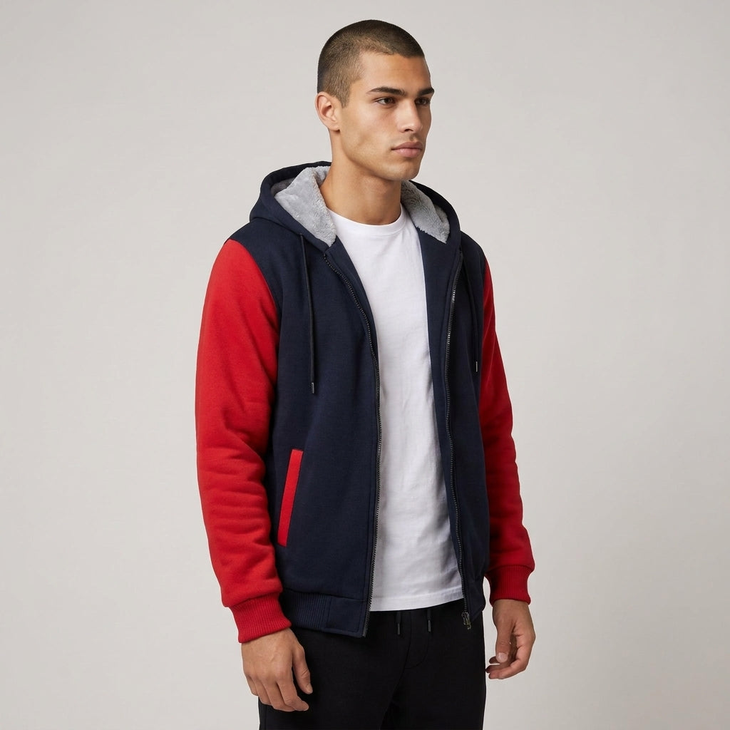 Dama Washington Bash fleece lined zip up hoodie Red Blue - model front view