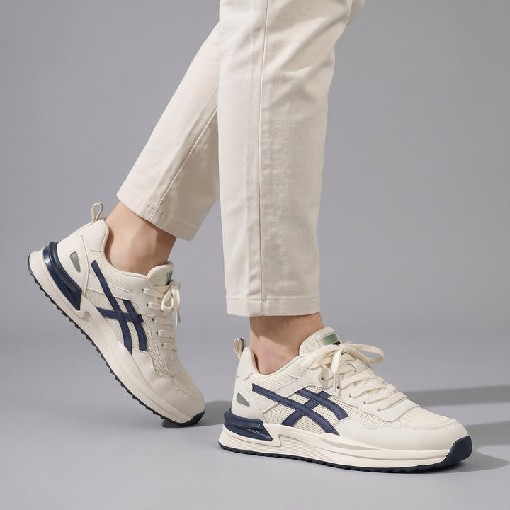 Dama Washington Bram men's cream navy mesh runner sneaker - on foot detail
