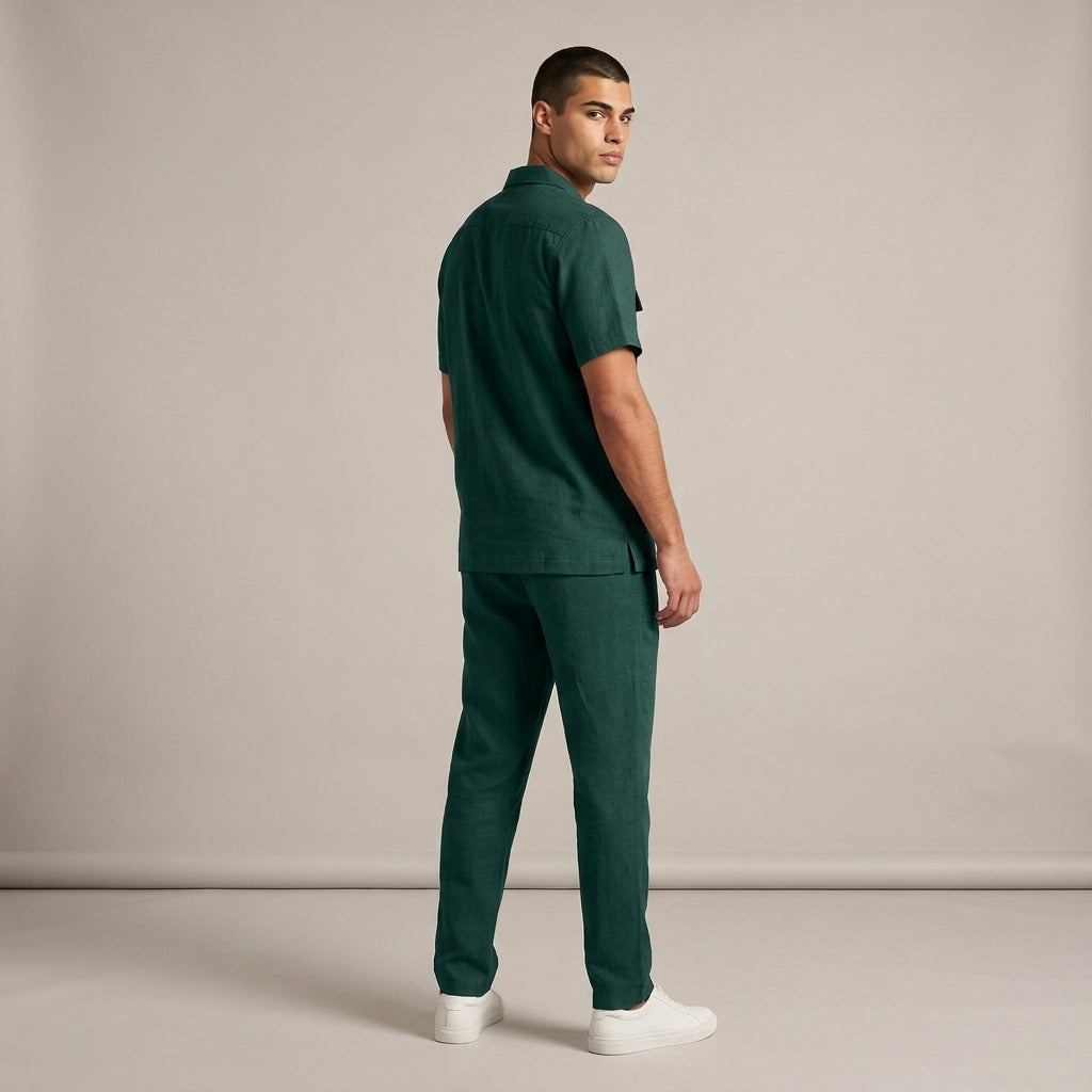 Dama Washington Marco linen matching set Dark Green - full outfit model view